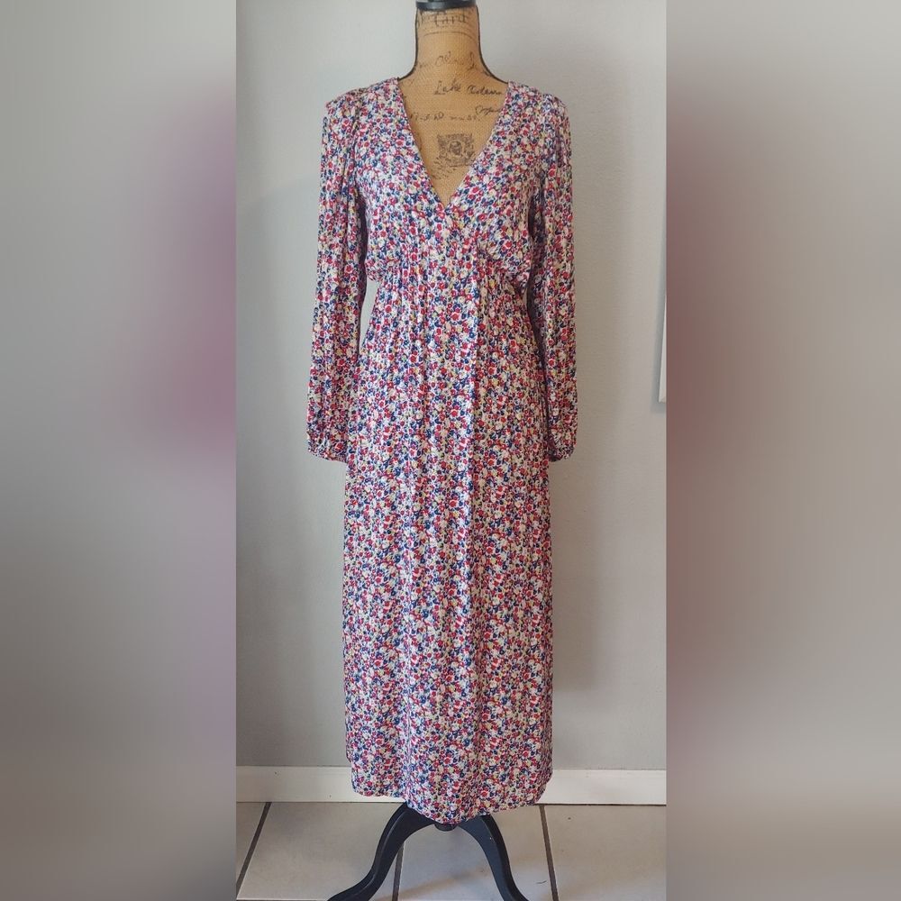 H&M Floral Deep V-Neck Long Sleeve Dress Sz S